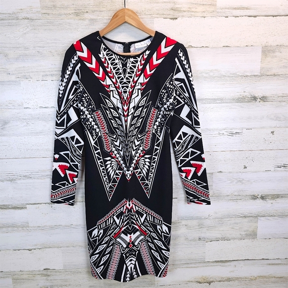 Bisou Bisou Michele Bohbot Geometric Print Bodycon Dress Black Red White 10 - Picture 10 of 16
